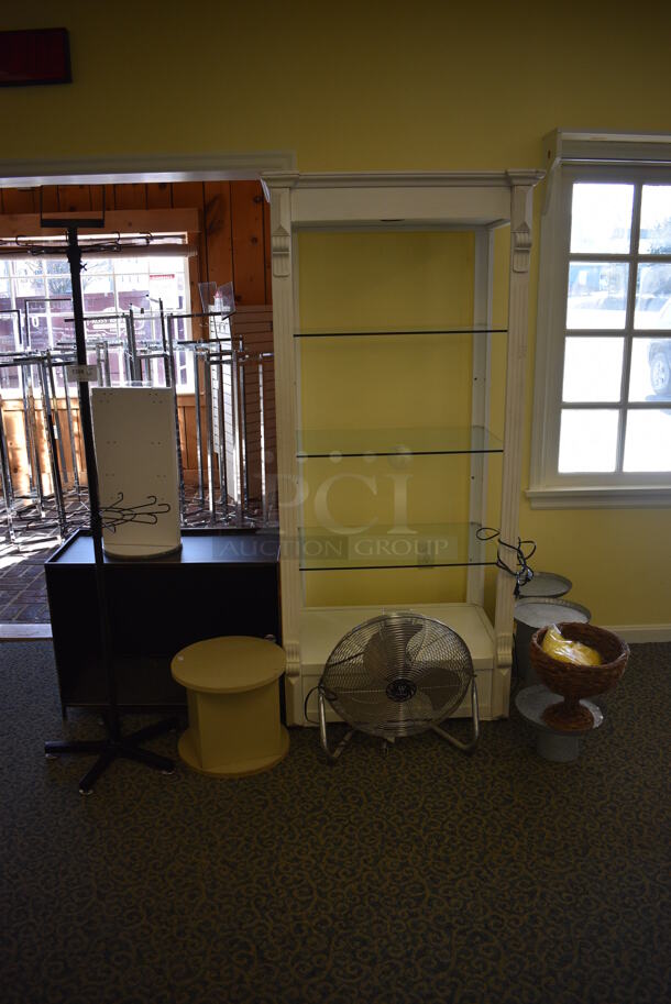 ALL ONE MONEY! Lot of Various Items Including Wooden Shelving Unit, Fan, Rack! (yellow clothing store) - Image 2 of 6