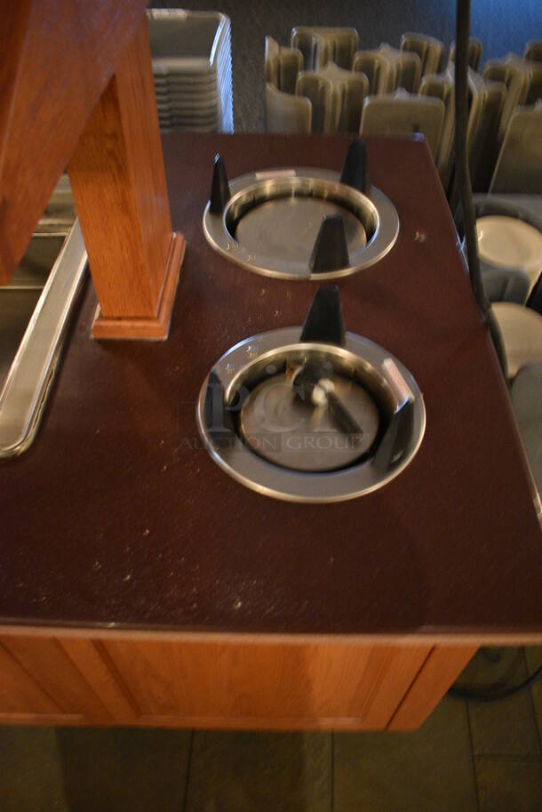 Portable Buffet Station w/ 4 Plate Return Chutes, Sneeze Guard and Wooden Exterior on Commercial Casters. 135x42x98. Unit Was In Working Condition When Restaurant Closed. BUYER MUST REMOVE. (buffet) - Image 3 of 8