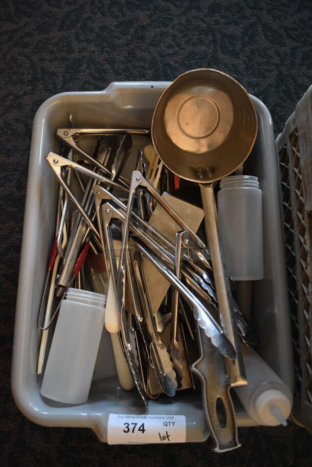 ALL ONE MONEY! Lot of Various Metal Utensils Including Tongs in Gray Poly Bus Bin! 21x15x5 (back dining room)