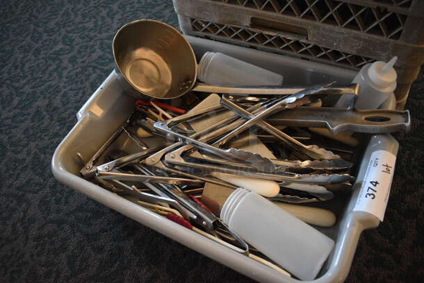ALL ONE MONEY! Lot of Various Metal Utensils Including Tongs in Gray Poly Bus Bin! 21x15x5 (back dining room) - Image 2 of 5