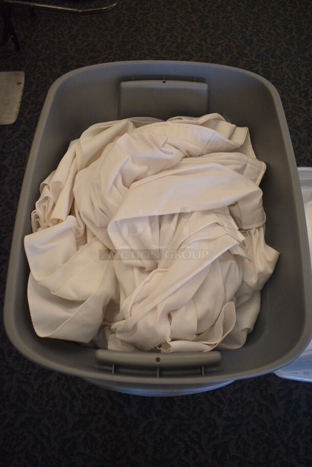 ALL ONE MONEY! Lot of 3 Bins of Various Fabrics Including Chef Shirts and Table Skirts! (ballroom)