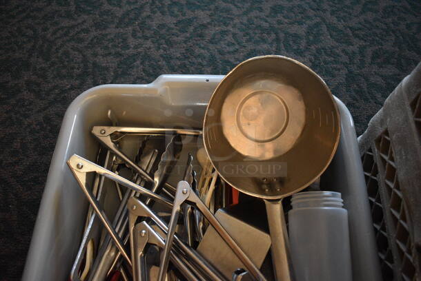 ALL ONE MONEY! Lot of Various Metal Utensils Including Tongs in Gray Poly Bus Bin! 21x15x5 (back dining room) - Image 3 of 5