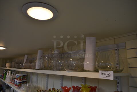 ALL ONE MONEY! Shelf Lot of Various Glass Items Including Vases! BUYER MUST REMOVE. Shelf: 167x12. (greenhouse)