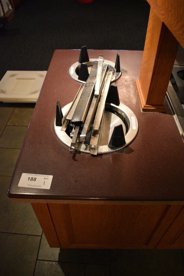 Portable Buffet Station w/ 4 Plate Return Chutes, Sneeze Guard and Wooden Exterior on Commercial Casters. 135x42x98. Unit Was In Working Condition When Restaurant Closed. BUYER MUST REMOVE. (buffet) - Image 6 of 8