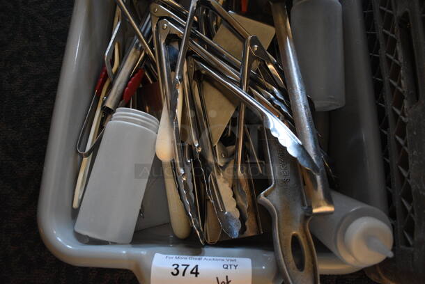 ALL ONE MONEY! Lot of Various Metal Utensils Including Tongs in Gray Poly Bus Bin! 21x15x5 (back dining room) - Image 4 of 5