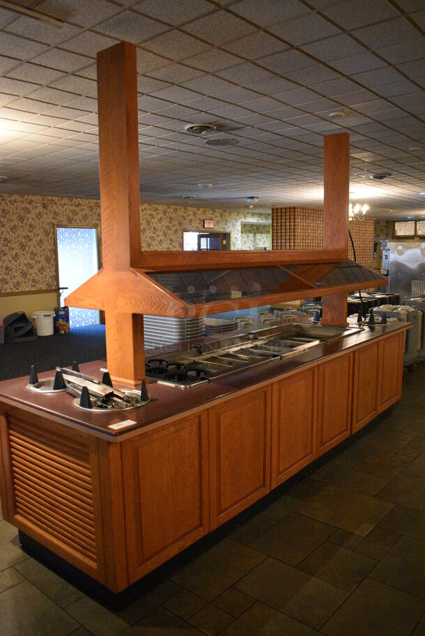 Portable Buffet Station w/ 4 Plate Return Chutes, Sneeze Guard and Wooden Exterior on Commercial Casters. 135x42x98. Unit Was In Working Condition When Restaurant Closed. BUYER MUST REMOVE. (buffet) - Image 7 of 8