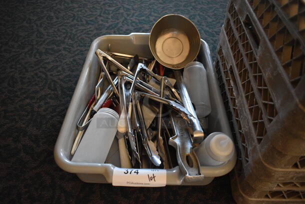 ALL ONE MONEY! Lot of Various Metal Utensils Including Tongs in Gray Poly Bus Bin! 21x15x5 (back dining room) - Image 5 of 5