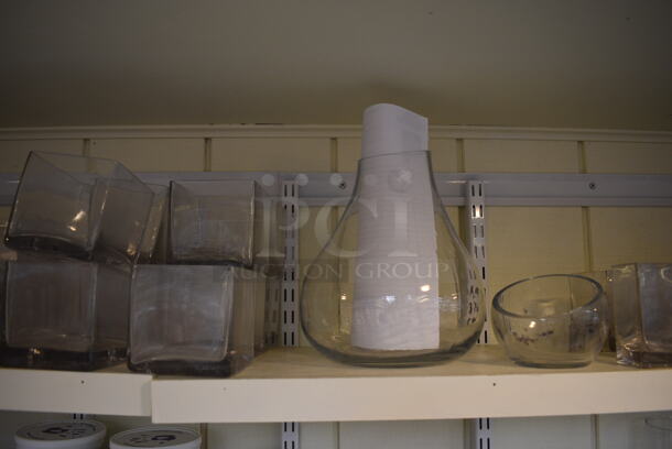 ALL ONE MONEY! Shelf Lot of Various Glass Items Including Vases! BUYER MUST REMOVE. Shelf: 167x12. (greenhouse) - Image 5 of 8