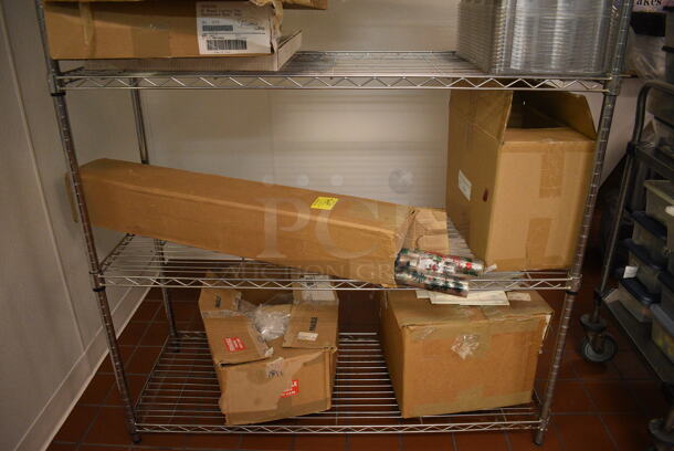 Chrome Finish 5 Tier Shelving Unit w/ Contents Including Wrapping Paper. BUYER MUST DISMANTLE. PCI CANNOT DISMANTLE FOR SHIPPING. PLEASE CONSIDER FREIGHT CHARGES. 48x18x74.5. (icing kitchen) - Image 3 of 4