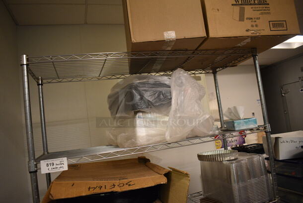Chrome Finish 5 Tier Shelving Unit w/ Contents Including Wrapping Paper. BUYER MUST DISMANTLE. PCI CANNOT DISMANTLE FOR SHIPPING. PLEASE CONSIDER FREIGHT CHARGES. 48x18x74.5. (icing kitchen) - Image 4 of 4