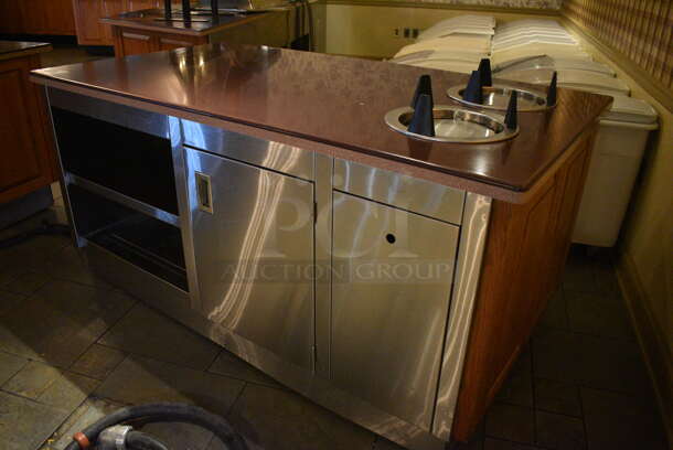 Maroon Countertop w/ 2 Plate Return Chutes, Rear Under Shelves and Wooden Exterior on Commercial Casters. BUYER MUST REMOVE. 72x40x38. (buffet) - Image 2 of 7