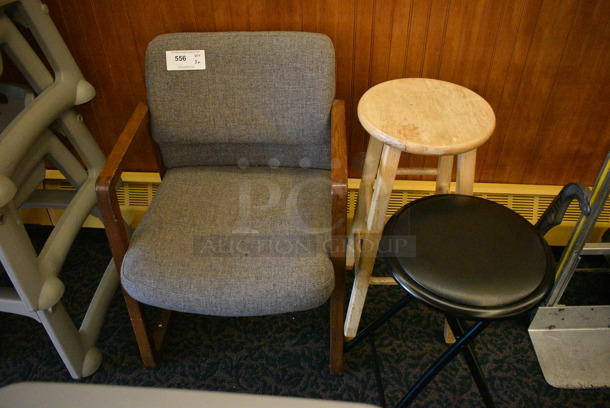 3 Various Items; Wooden Stool, Metal Stool and Gray Chair. Includes 23x22x3. 3 Times Your Bid! (ballroom)