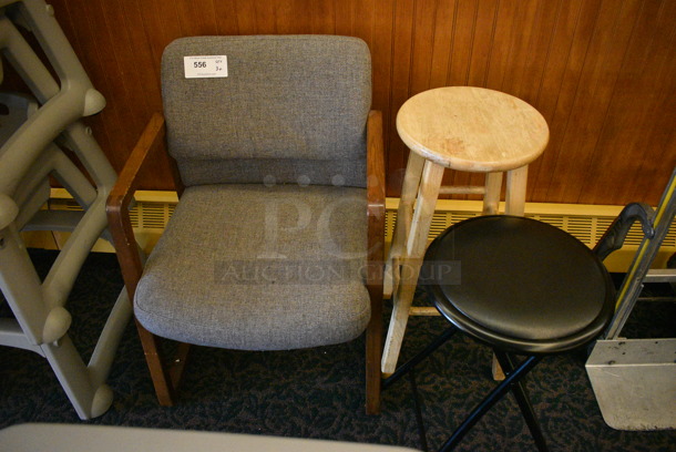 3 Various Items; Wooden Stool, Metal Stool and Gray Chair. Includes 23x22x3. 3 Times Your Bid! (ballroom) - Image 1 of 5