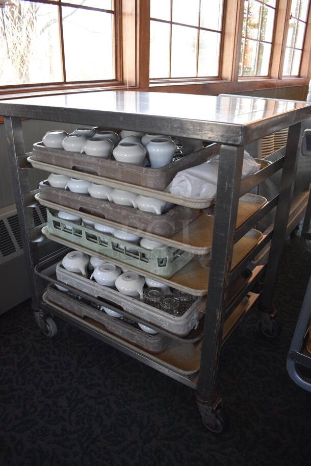Stainless Steel Commercial Pan Rack w/ 5 Dish Caddies and Approximately 60 White Ceramic Pitchers on Commercial Casters. 30.5x22x34. Includes 4x3.5x3.5. (back dining room) - Image 2 of 9