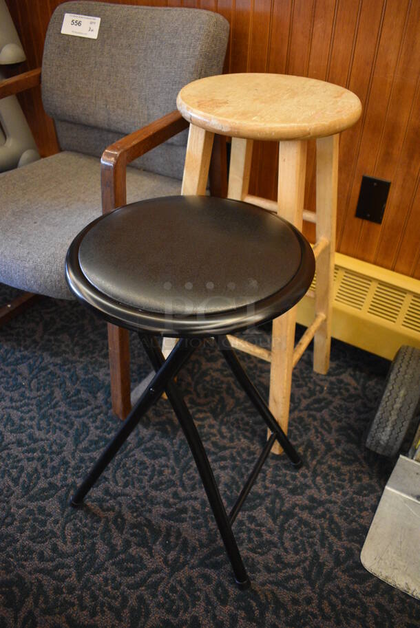 3 Various Items; Wooden Stool, Metal Stool and Gray Chair. Includes 23x22x3. 3 Times Your Bid! (ballroom) - Image 2 of 5
