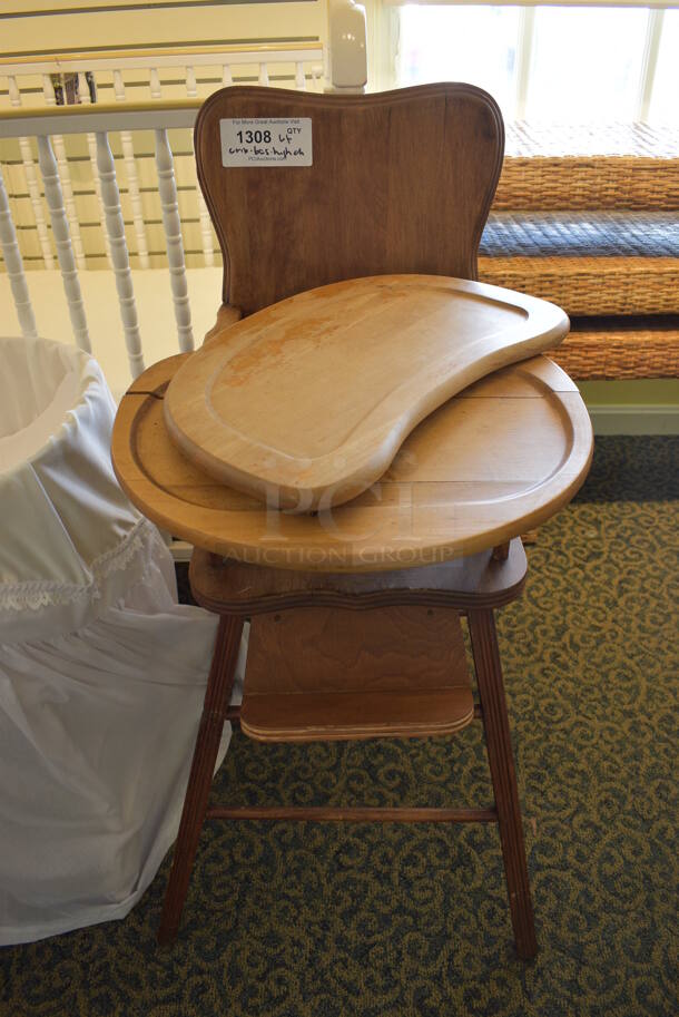 ALL ONE MONEY! Lot of White Crib, Bassinet and Wooden High Chair. Includes 32x19x27. (yellow clothing store) - Image 3 of 5