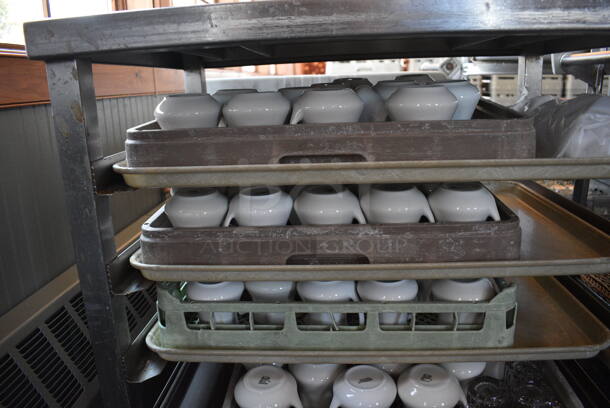 Stainless Steel Commercial Pan Rack w/ 5 Dish Caddies and Approximately 60 White Ceramic Pitchers on Commercial Casters. 30.5x22x34. Includes 4x3.5x3.5. (back dining room) - Image 3 of 9