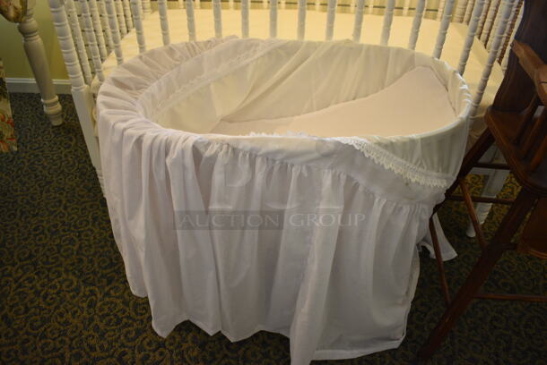 ALL ONE MONEY! Lot of White Crib, Bassinet and Wooden High Chair. Includes 32x19x27. (yellow clothing store) - Image 4 of 5