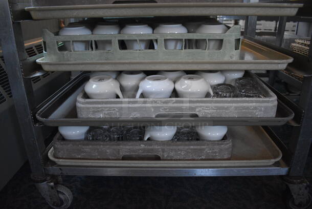 Stainless Steel Commercial Pan Rack w/ 5 Dish Caddies and Approximately 60 White Ceramic Pitchers on Commercial Casters. 30.5x22x34. Includes 4x3.5x3.5. (back dining room) - Image 4 of 9