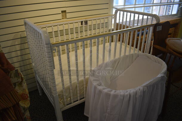 ALL ONE MONEY! Lot of White Crib, Bassinet and Wooden High Chair. Includes 32x19x27. (yellow clothing store) - Image 5 of 5
