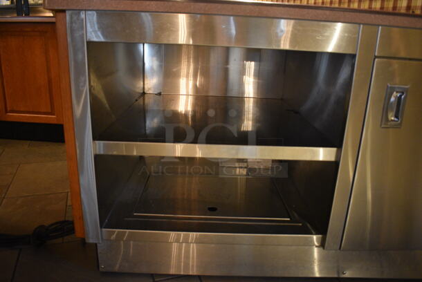 Maroon Countertop w/ 2 Plate Return Chutes, Rear Under Shelves and Wooden Exterior on Commercial Casters. BUYER MUST REMOVE. 72x40x38. (buffet) - Image 6 of 7