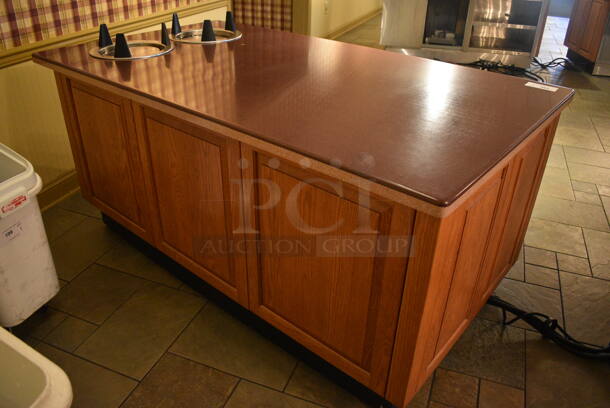 Maroon Countertop w/ 2 Plate Return Chutes, Rear Under Shelves and Wooden Exterior on Commercial Casters. BUYER MUST REMOVE. 72x40x38. (buffet) - Image 7 of 7