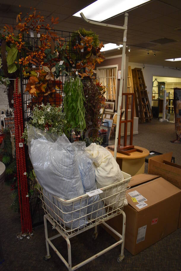 White Rack w/ Basket and 2 Pillows. 23x18x76. (garden center)