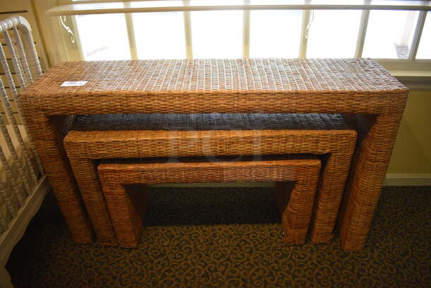 3 Wicker Style Tables. Includes 59x16x33. 3 Times Your Bid! (yellow clothing store)