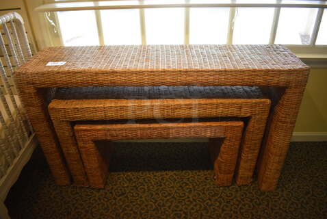 3 Wicker Style Tables. Includes 59x16x33. 3 Times Your Bid! (yellow clothing store)