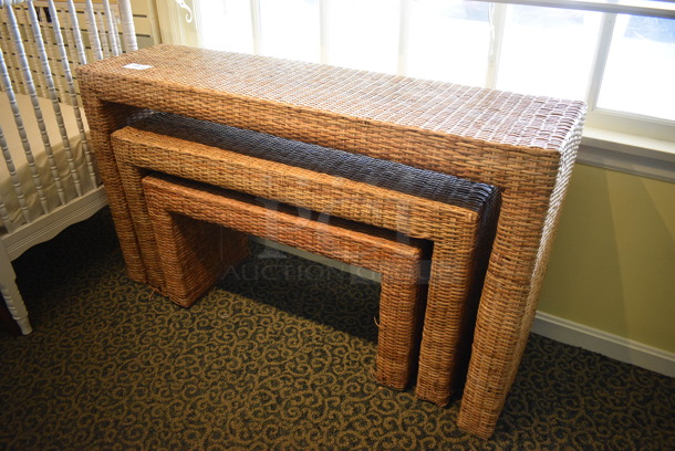 3 Wicker Style Tables. Includes 59x16x33. 3 Times Your Bid! (yellow clothing store) - Image 2 of 4