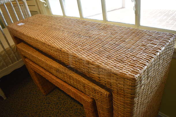 3 Wicker Style Tables. Includes 59x16x33. 3 Times Your Bid! (yellow clothing store) - Image 4 of 4