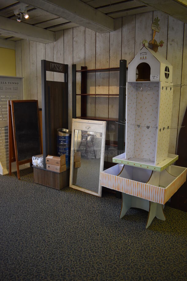 ALL ONE MONEY! Lot of 7 Various Items Including Racks, Shelving Unit, Mirror, Sidewalk Sign! Includes 36x12x78. (yellow clothing store) - Image 2 of 6