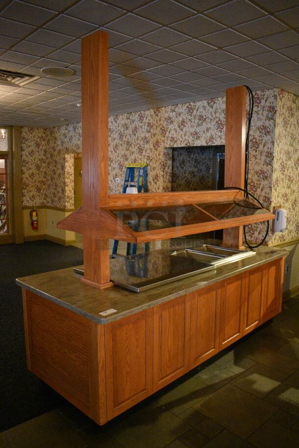 Portable Buffet Station w/ Flat Top and 2 Well Steam Table, Sneeze Guard and Wooden Exterior on Commercial Casters. BUYER MUST REMOVE. 102x42x101. Unit Was In Working Condition When Restaurant Closed. BUYER MUST REMOVE. (buffet) - Image 2 of 7