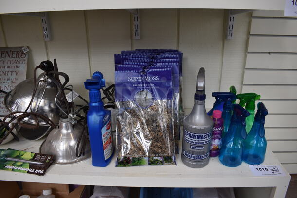 ALL ONE MONEY! Shelf Lot of Various Items Including Spray Bottles, Moss, Glass Jars! BUYER MUST REMOVE. Shelf: 167x12. (greenhouse) - Image 2 of 8