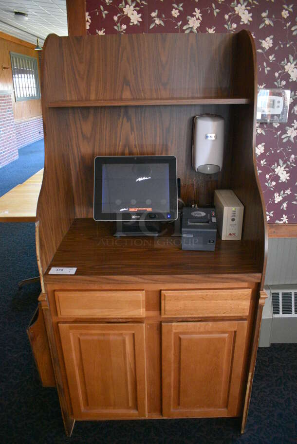 Wooden Cabinet w/ 2 Drawers, 2 Doors and Over Shelf. Does Not Include Contents. 40x26x73. (back dining room)