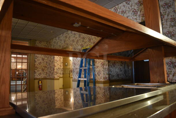 Portable Buffet Station w/ Flat Top and 2 Well Steam Table, Sneeze Guard and Wooden Exterior on Commercial Casters. BUYER MUST REMOVE. 102x42x101. Unit Was In Working Condition When Restaurant Closed. BUYER MUST REMOVE. (buffet) - Image 5 of 7