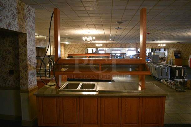 Portable Buffet Station w/ Flat Top and 2 Well Steam Table, Sneeze Guard and Wooden Exterior on Commercial Casters. BUYER MUST REMOVE. 102x42x101. Unit Was In Working Condition When Restaurant Closed. BUYER MUST REMOVE. (buffet) - Image 6 of 7