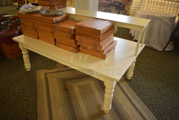 White Wooden Table w/ 30 NEW Metal Basket Style Trays. 60x36x34. (yellow clothing store) - Image 2 of 4