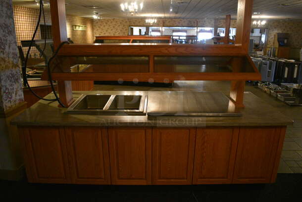 Portable Buffet Station w/ Flat Top and 2 Well Steam Table, Sneeze Guard and Wooden Exterior on Commercial Casters. BUYER MUST REMOVE. 102x42x101. Unit Was In Working Condition When Restaurant Closed. BUYER MUST REMOVE. (buffet) - Image 7 of 7