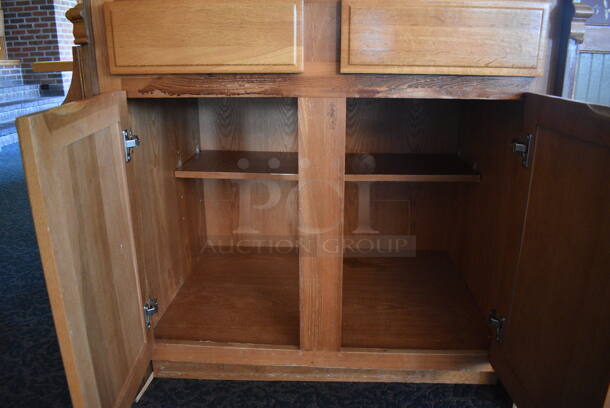 Wooden Cabinet w/ 2 Drawers, 2 Doors and Over Shelf. Does Not Include Contents. 40x26x73. (back dining room) - Image 5 of 7