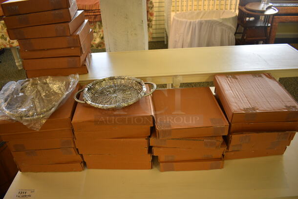 White Wooden Table w/ 30 NEW Metal Basket Style Trays. 60x36x34. (yellow clothing store) - Image 3 of 4
