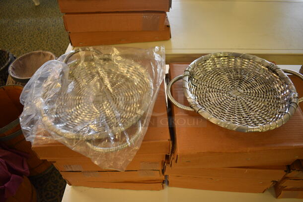 White Wooden Table w/ 30 NEW Metal Basket Style Trays. 60x36x34. (yellow clothing store) - Image 4 of 4