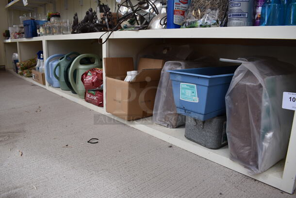 ALL ONE MONEY! Shelf Lot of Various Items Including Watering Cans! BUYER MUST REMOVE. Shelf: 167x12. (greenhouse)