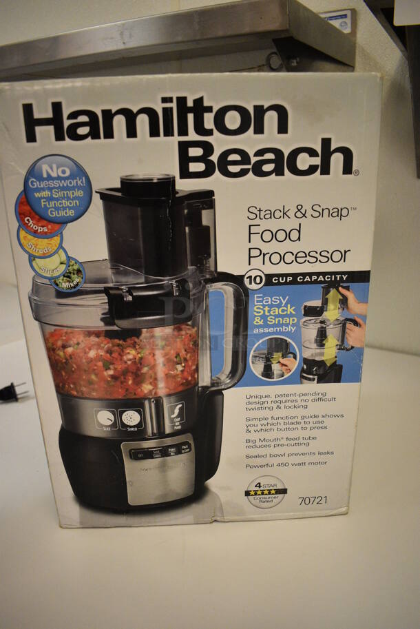 IN ORIGINAL BOX! Hamilton Beach Metal Countertop Food Processor w/ Bowl and S Blade. 8.5x8.5x17. Unit Was In Working Condition When Restaurant Closed. (icing kitchen) - Image 2 of 3