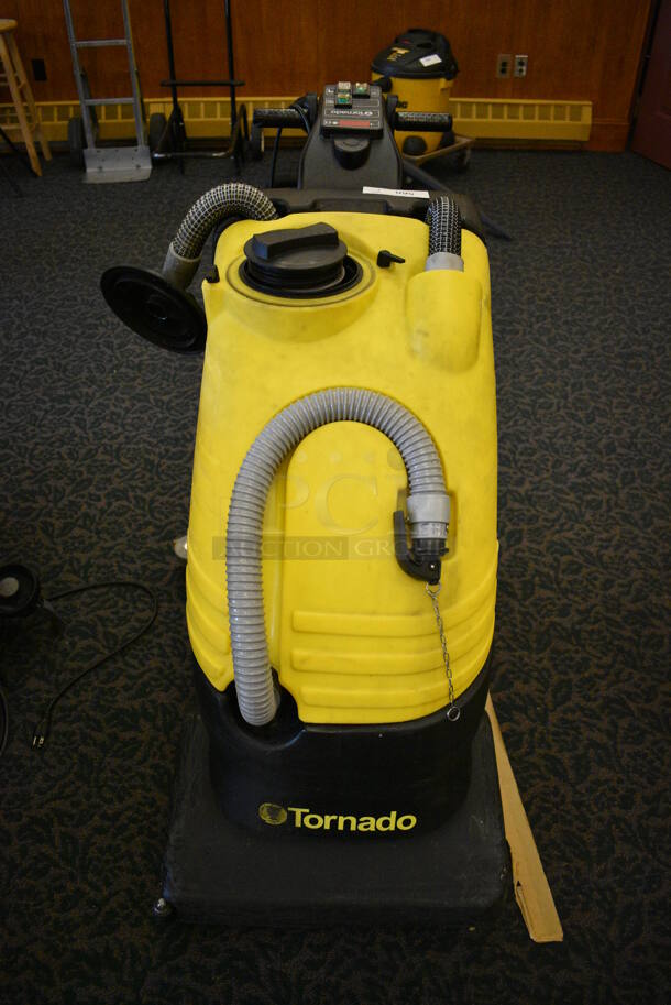 Tornado Yellow and Black Commercial Floor Cleaning Machine. 35x40x43. Unit Was In Working Condition When Restaurant Closed. (ballroom)