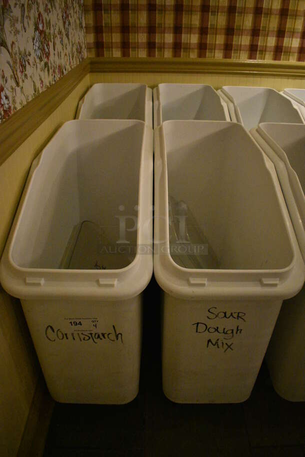 4 White Poly Ingredient Bins w/ Clear Lids on Commercial Casters. 13x29x28.5. 4 Times Your Bid! (buffet) - Image 1 of 4