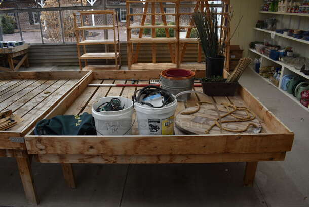 Wooden Stands w/ Contents Including Metal Buckets. BUYER MUST REMOVE. 72.5x72.5x28.5. (greenhouse)