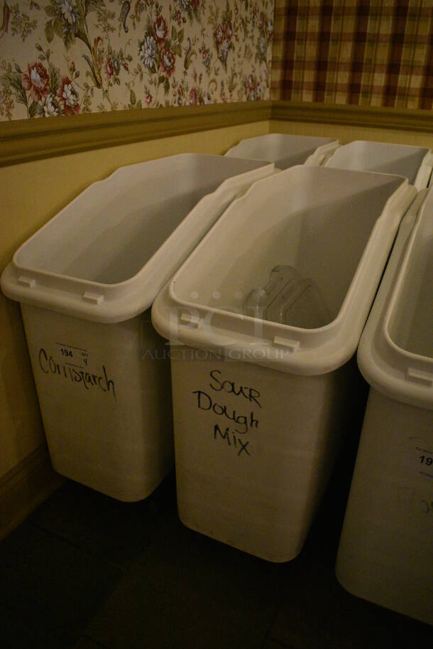 4 White Poly Ingredient Bins w/ Clear Lids on Commercial Casters. 13x29x28.5. 4 Times Your Bid! (buffet) - Image 4 of 4