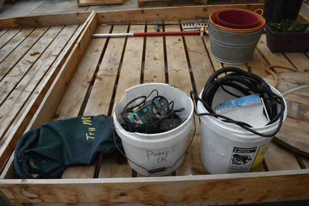 Wooden Stands w/ Contents Including Metal Buckets. BUYER MUST REMOVE. 72.5x72.5x28.5. (greenhouse) - Image 2 of 6