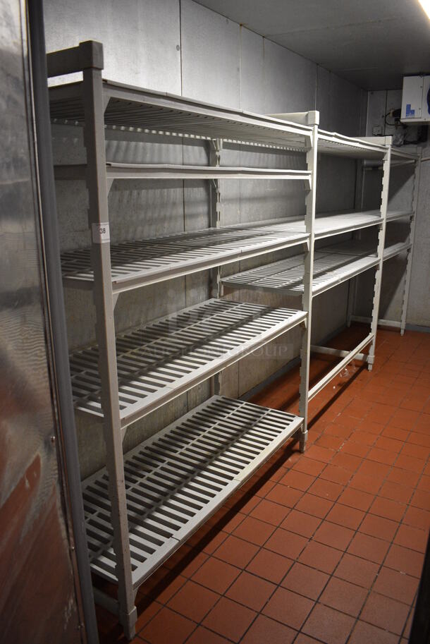 Gray Poly Three Section Shelving Unit; Five Tier, Three Tier and Three Tier. BUYER MUST DISMANTLE. PCI CANNOT DISMANTLE FOR SHIPPING. PLEASE CONSIDER FREIGHT CHARGES.
 164x24x72. (kitchen) - Image 1 of 4